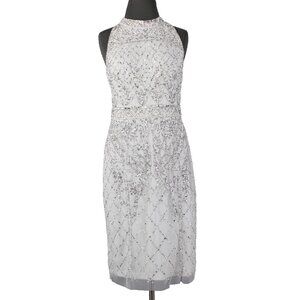Adrianna Papell Dress Sz 10 White Silver Beaded Sequin Halter Lined Dress